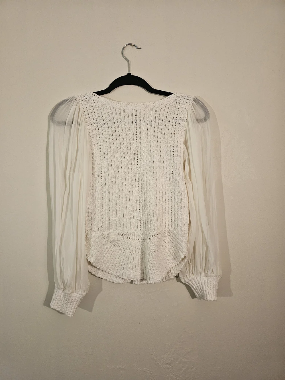 Anthropologie Cream V-Neck Knit Top with Sheer Puff Sleeves